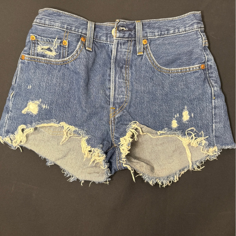 Levis Jean Shorts Womens Size 26 Waist Dark Wash Cut Off Distressed Frayed 501
